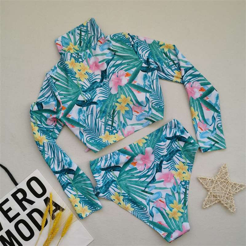 Sexy Plus Size Swimwear Women Leaves Print Bikini Long Sleeves Swimsuit Female High Waisted Bathing Suits Summer Beach Wear 210520