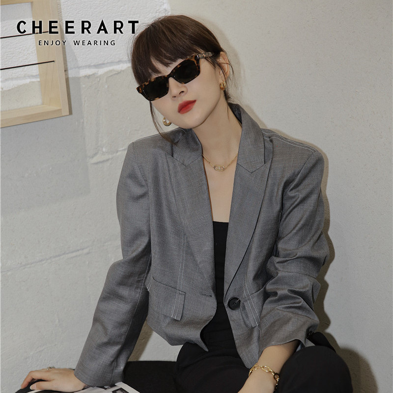 Grey Cropped Blazer Women Autumn Contrast Stitch Ladies Jacket Lapel Single Brested Short Coat Fashion 210427