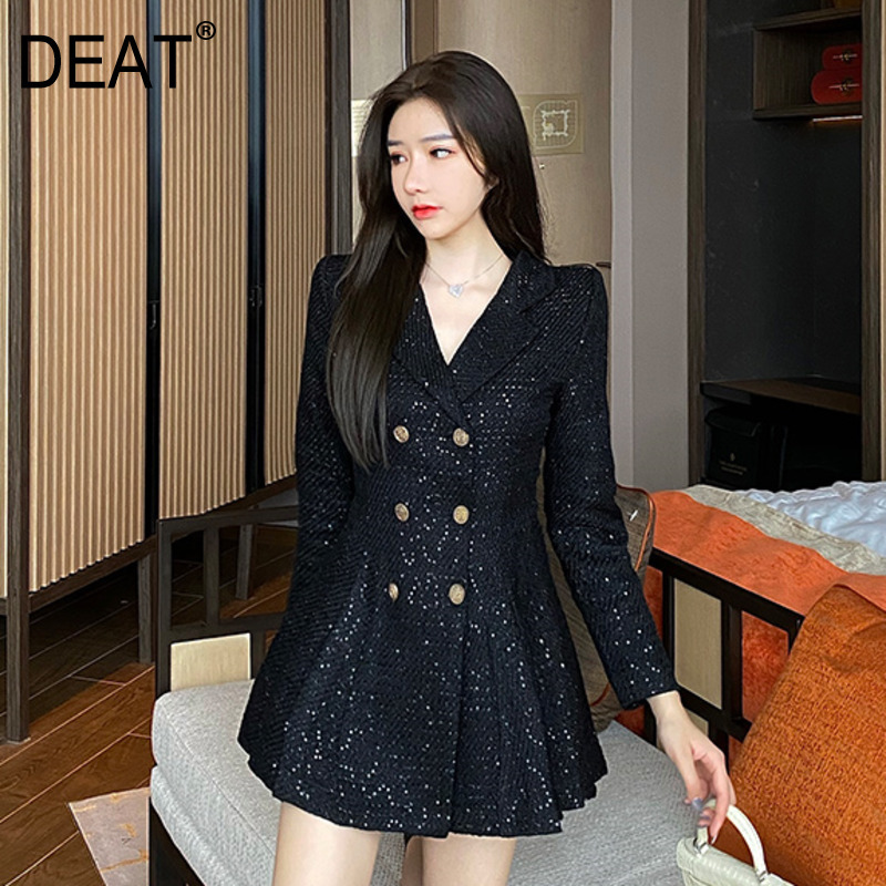[DEAT] V-neck Ball Gown Undefined Woman Dress Double Breasted Solid Above Knee Mini UnfiNew Fashion Tide Spring GX070 210428