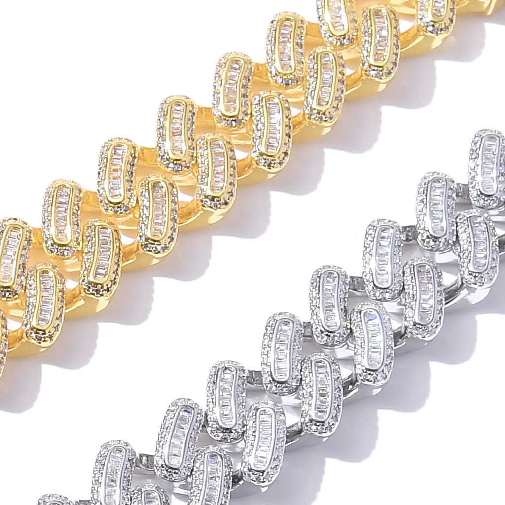 New Fashion Hip Hop Bracelet 15mm White Gold Brass Iced CZ Heavy Baguette Cuban Link Wristband Miami Curb Chain Jewelry Party Punk Giftsfor Man and Wo
