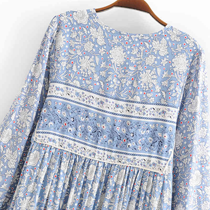 beauty Boho Blue White Floral Print Maxi Dress Women Beach Style Long Sleeve Fashion Lady's Dresses 210514