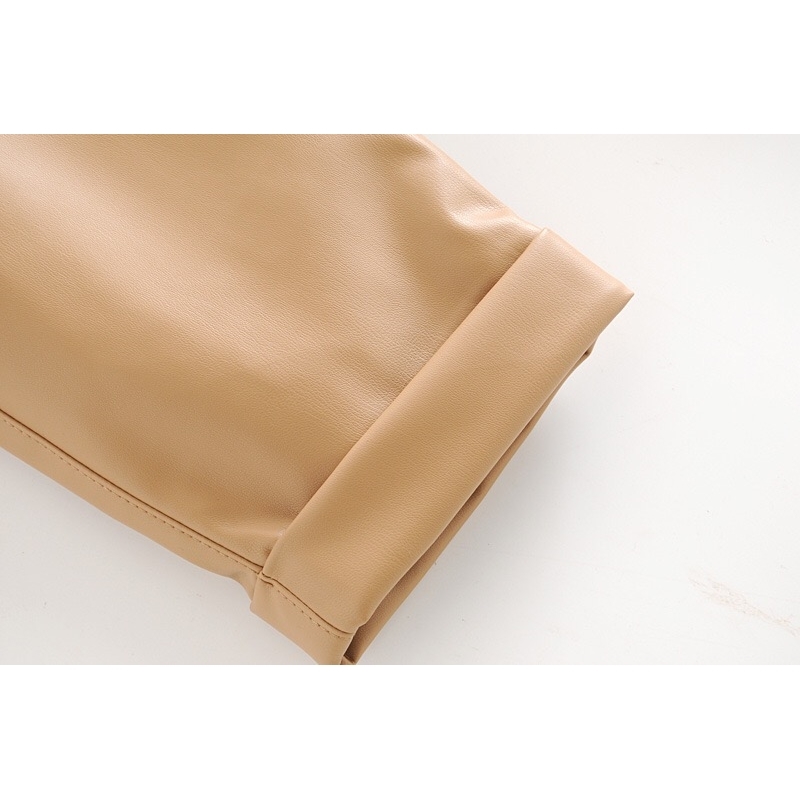 Autumn Vintage PU Leather Harem Pants Mum Streetwear Woman High Waist Long Cuff Roll up Trousers Loose 210429