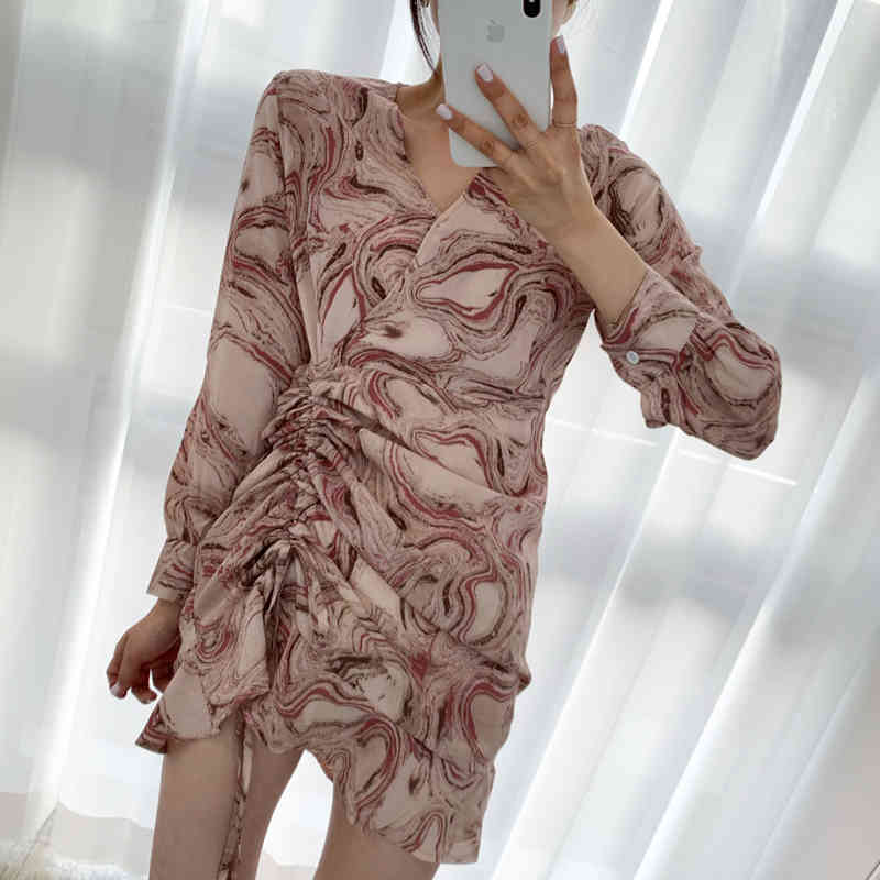 Retro Ink Painting Women Chiffon Dresses Spring Long Sleeve V-Neck Lace Up Pleated Sexy Short Mini Dress Mujer Vestidos 210514