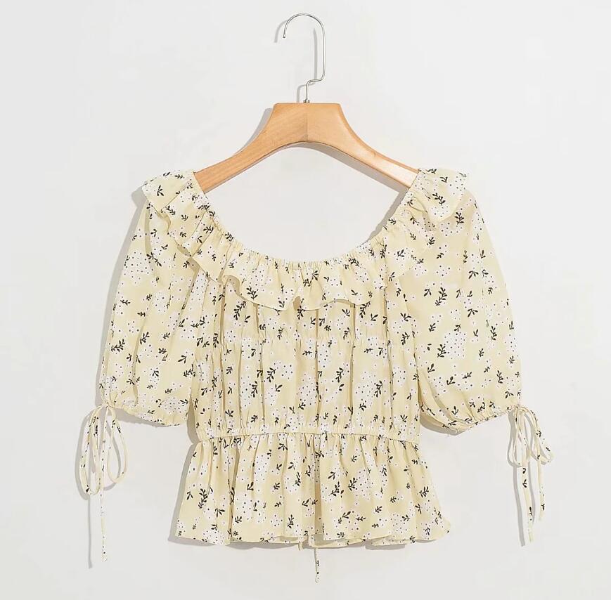 Retro Spliced Wood ear O neck floral print Tie bow Lantern Sleeve Shirt CHIC Women Lacing up Short Blouse Exposed navel Tops 210429