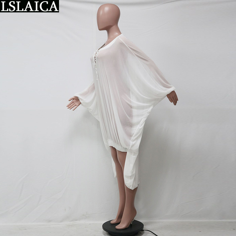 Sale Clothing Fashion Casual Mesh See-through Dress Beachwear Personality Flare Sleeve Deep VNeck Strappy Shirt Summer 210515