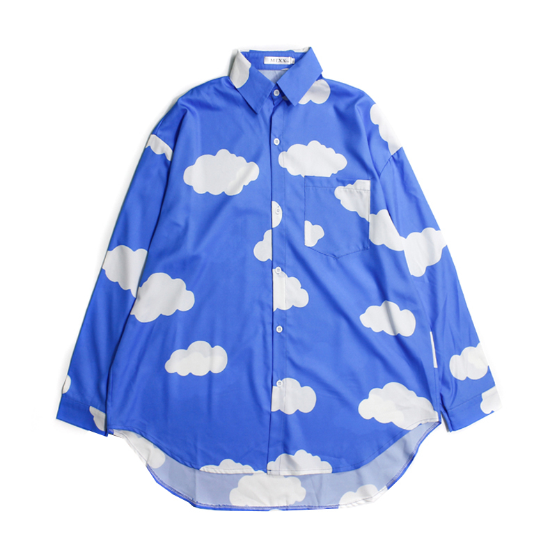 Neploe Summer Men Women Long Sleeve Shirt Japanese Harajuku Cloud Print Oversized Tops Streetwear Woman Blouses Clothes 210422