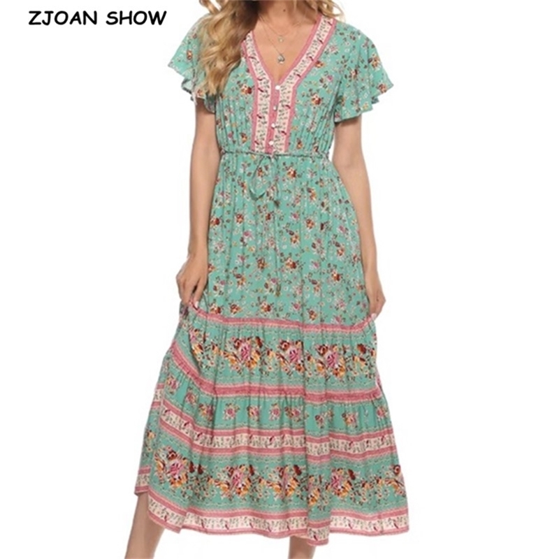 3 COLORS BOHO Buttons V neck Floral print Bohemia Dress Summer Ethnic Woman Short Sleeve Tie Bow Strappy Maxi Long Dresses 210429