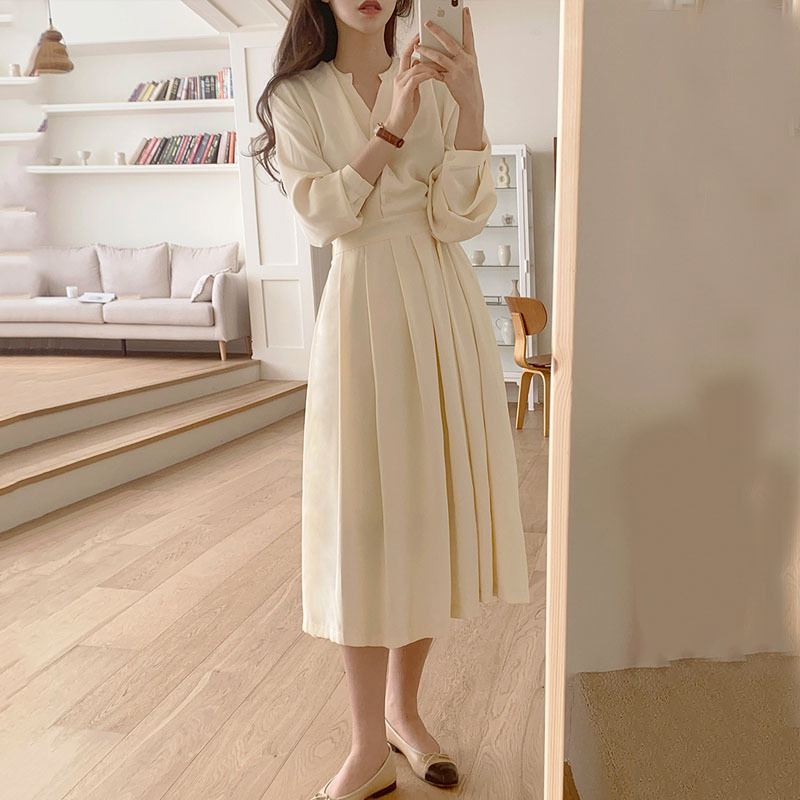 Solid Cotton V-neck Slim Dress Korean Elegant and Gentle Spring Women for Casual Office Lady Vestido 14150 210427