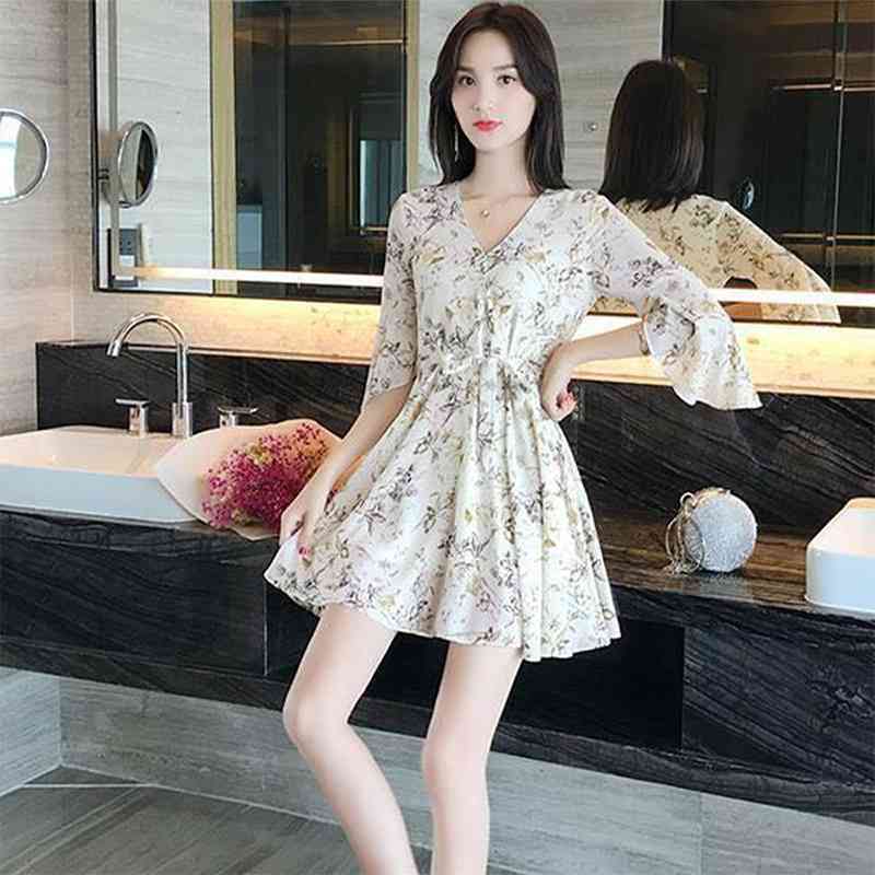 Women Mini Dress Spring V-neck Floral Chiffon High Waist Flare Sleeve Female Woman's KarolyiDora KA88 210623