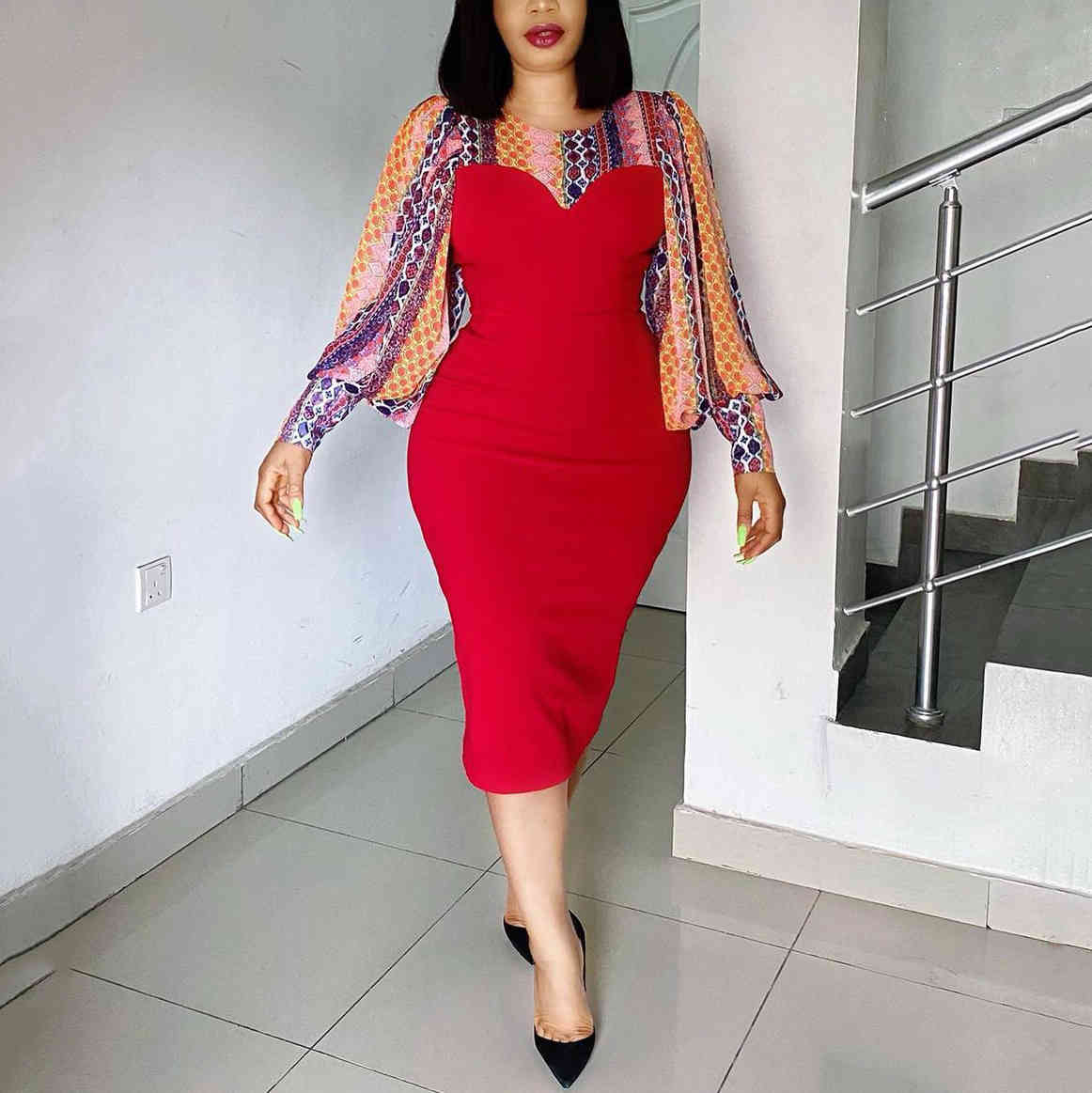 African Business Dress For Women Office Purple Patchwork Full Sleeve Bodycon Mid Calf Elegant Work Clothes Midi Dresses 210510