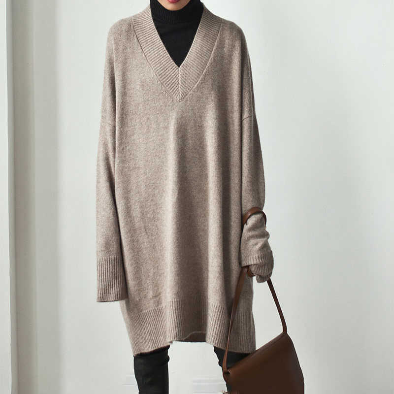SHIJIA autumn Long sweater female V-neck oversized Loose brown knitted jumper woman pullovers femme winter streetwear tops 210918
