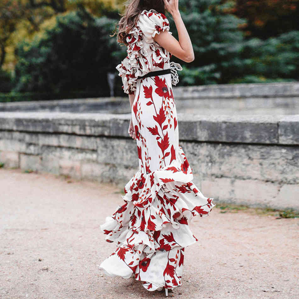 Free Elegant Layered Ruffle Print Long Dress One-shoulder Lantern Short Sleeve Vacation Party 210524