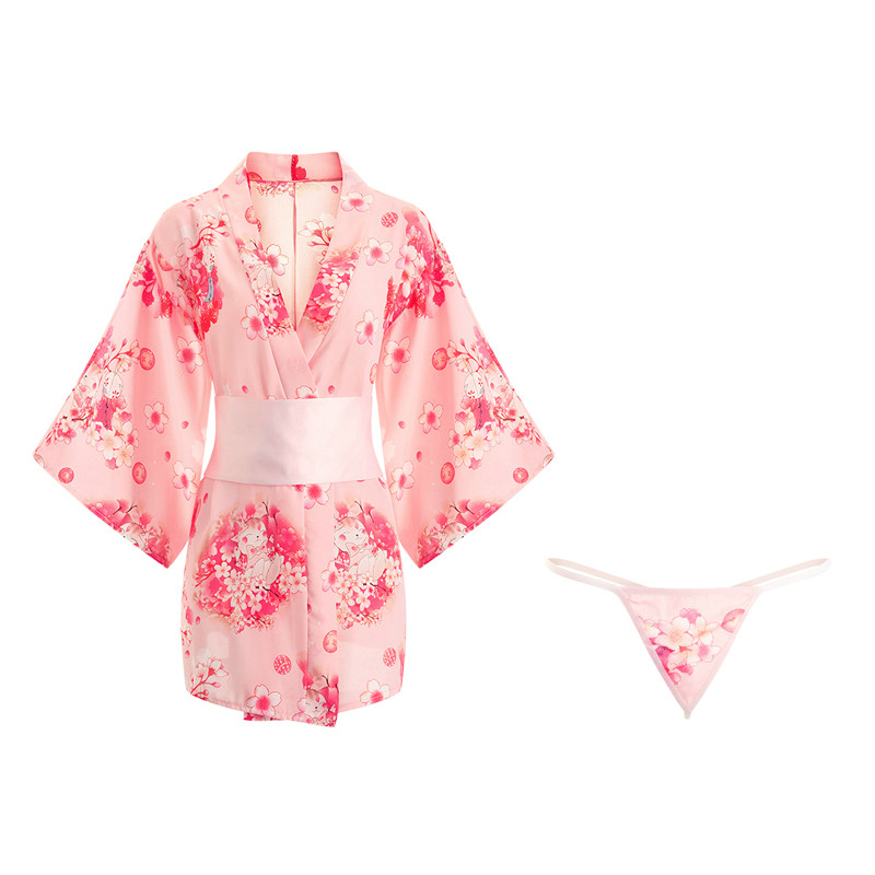 Sexy Lingerie Set Japanese Clothes Printed Sakura Kimono Dress Women Erotic Kimono Robe Sleepwear Porn Kimono Cosplay Uniform