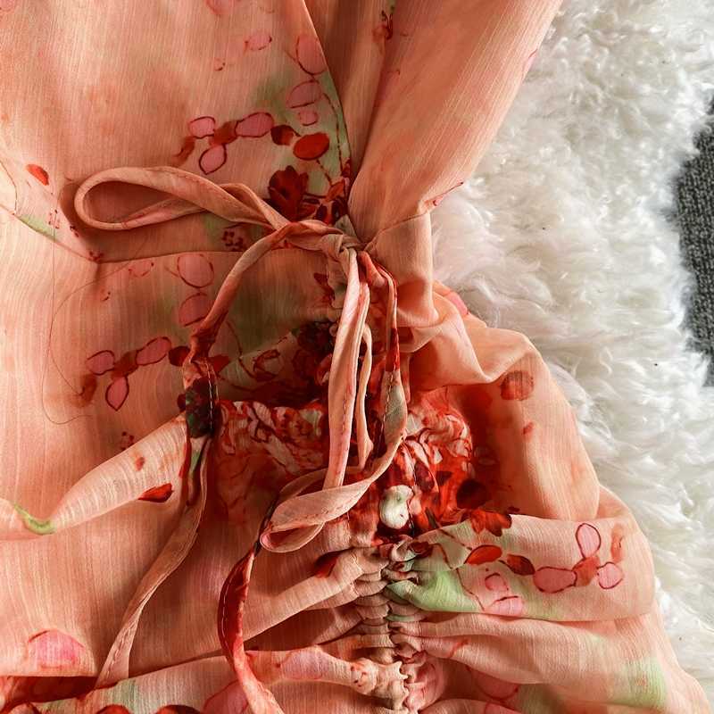 Vintage V-Neck Printed Chiffon Drawstring Mermaid Midi Dress Women Elegant High Waist Ruffle Vestidos Fashion Spring Summer 210630