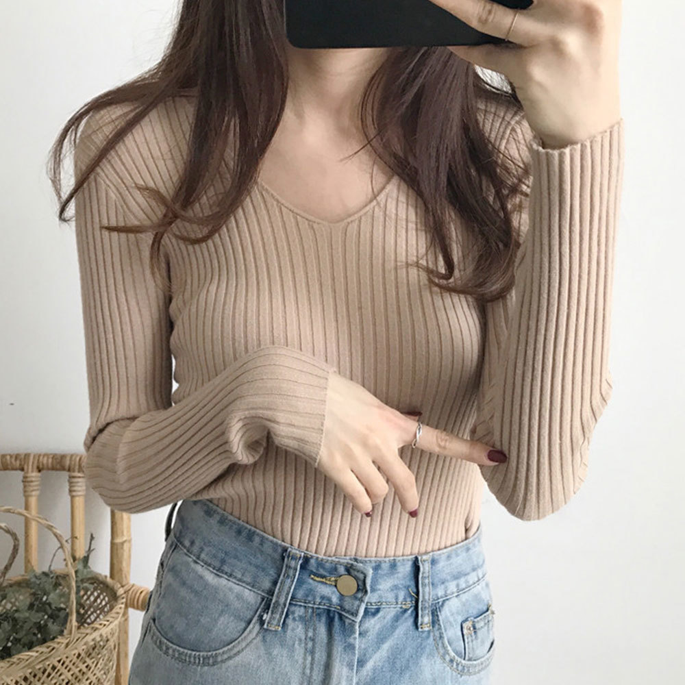 Korean V Neck Knit Sweater Women Knitted Ribbed Pullover Long Sleeve Slim Jumper Soft Warm Pull Femme 210428