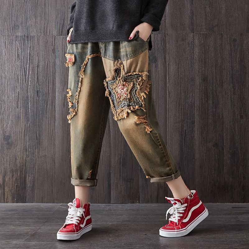 Spring Vintage Patchwork Embroidery Women Jeans Hole Ripped Medium Loose Harem Denim Pants Female Cotton Elastic Waist D97 210512