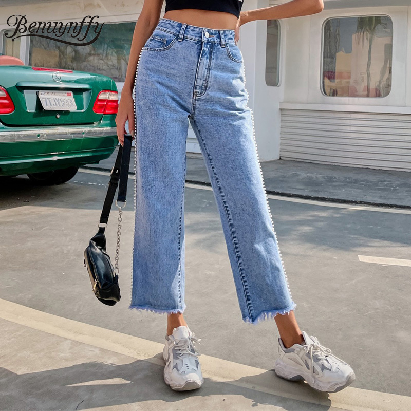 Side Detail Raw Hem Boyfriend Jeans Woman Korean Fashion Streetwear High Waist Baggy Casual Mom Straight Denim Pants 210510