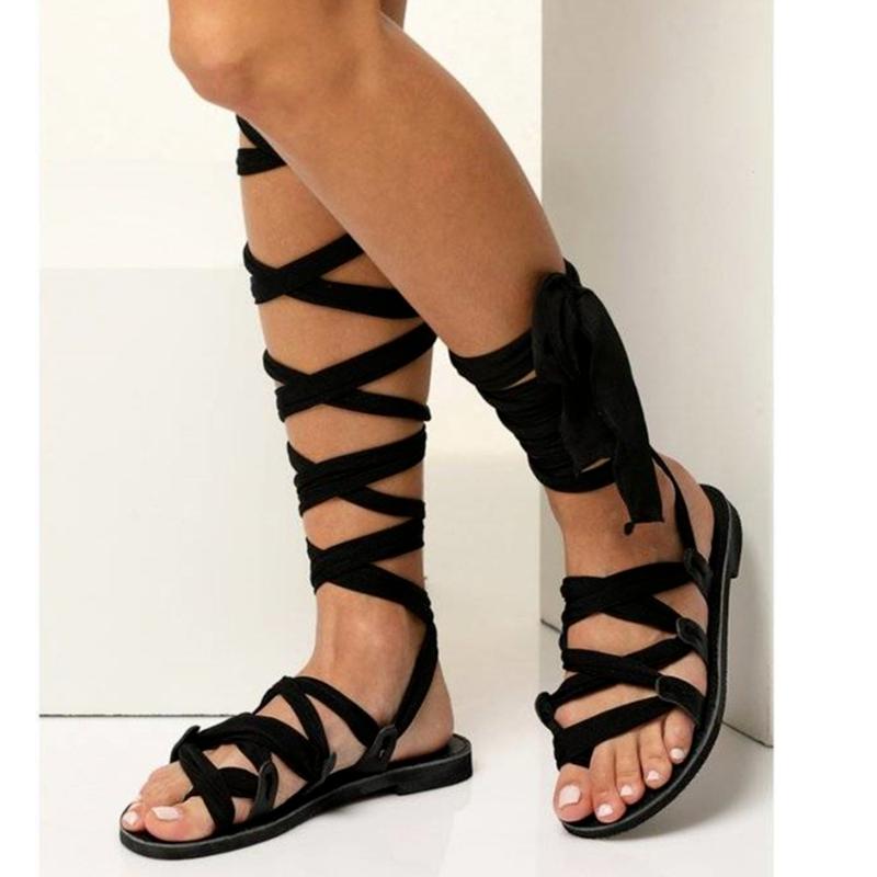 Women's Gladiator Cross Tied Flat Summer Sandals Ladies Casual Open Toe Knee High Shoes Plus Size Fashion