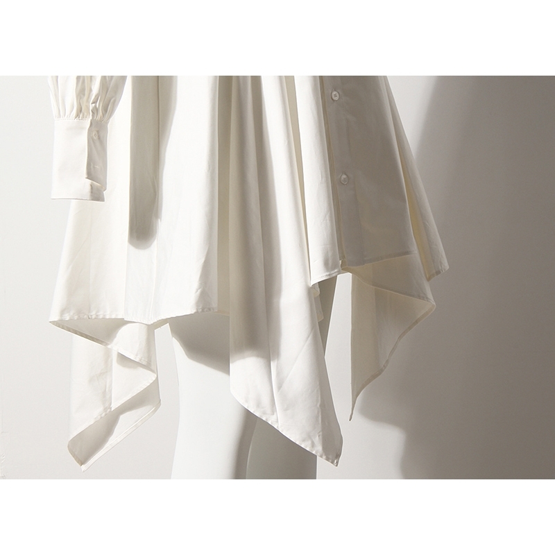 [EAM] Women Single Breasted Pockets White Dress Asymmetrical Long Sleeve Loose Fit Fashion Spring Autumn 1DD6953 210512