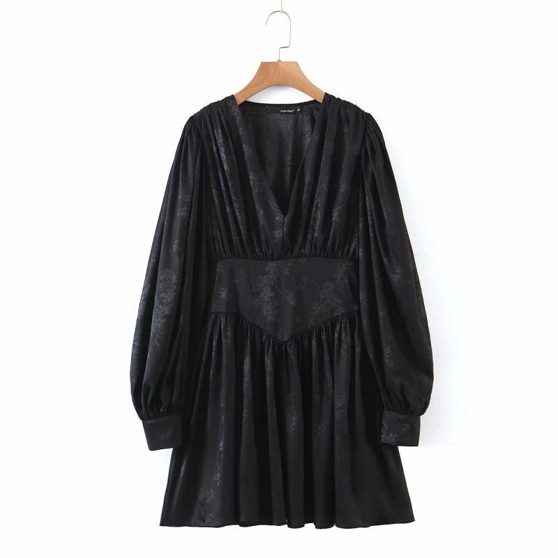 Vintage Woman Satin Print Mini Dress Spring Fashion Ladies V Neck Party es Female Elegant Lantern Sleeve 210515