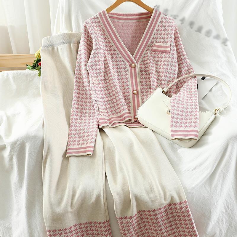 Korean Chic Houndstooth Knit Suit Women Fashion Loose Knitted Cardigan Tops + Spliced Wide-Leg Pants Two Piece Set Casual Outfit Women's Tra