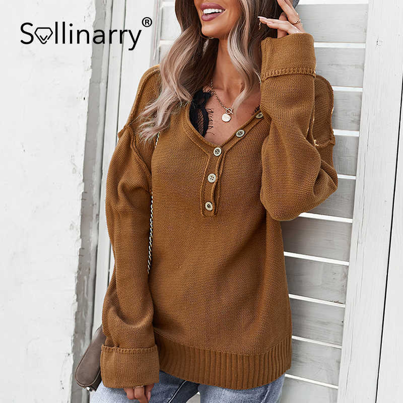 Sollinarry Office lady button loose pullover solid Elegant v-neck long sleeve sweater autumn winter Casual fashion female top 210709