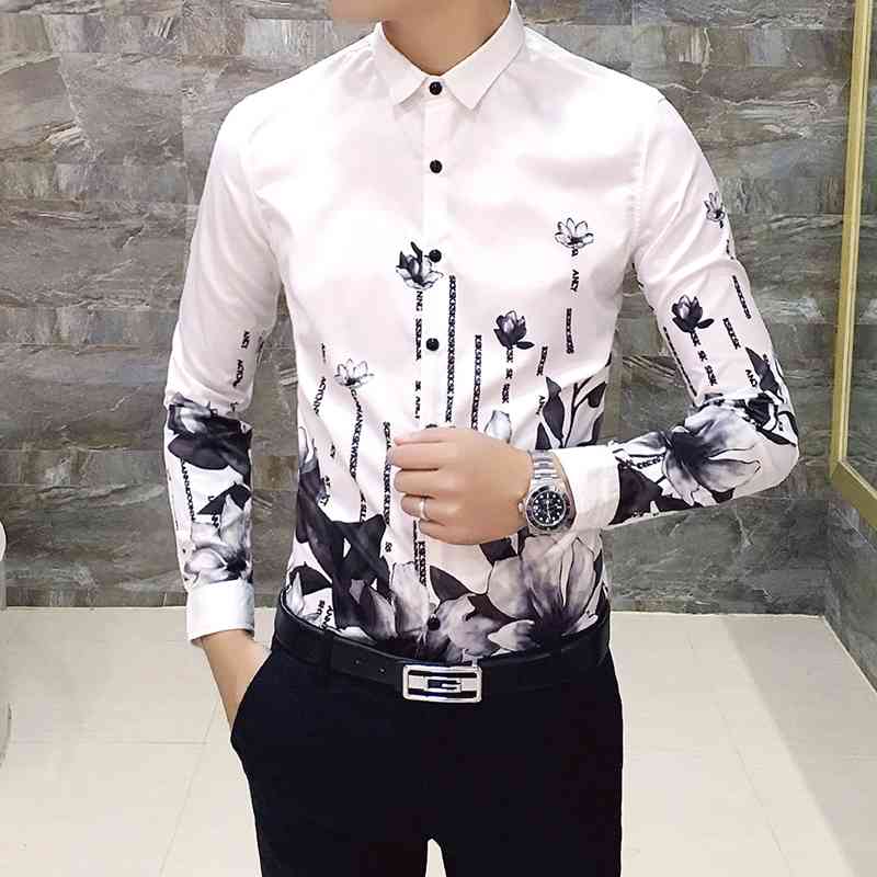 Autumn Fashion Flower black Printed Long Sleeve Shirts Men Camisa Social Male Slim Casual Shirts Men Camisas Masculina 210527