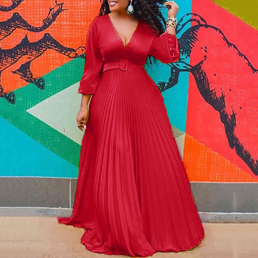 Women Chiffon Pleated Dress High Waist Floor Length Long Sleeve Deep V Neck Yellow Elegant For Evening Party Night Dresses 210510