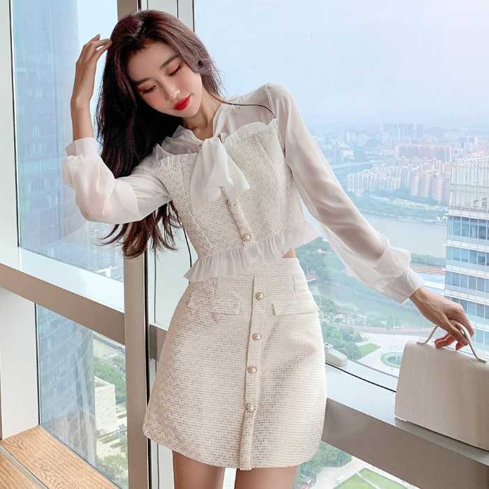 Ladies temperament small fragrance fashion suit spring lady lace bow tie blouse short skirt two-piece suit 210708, Apricot
Ladies temperament small fragrance fashion suit spring lady lace bow tie blouse short skirt two-piece suit 210708, Apricot