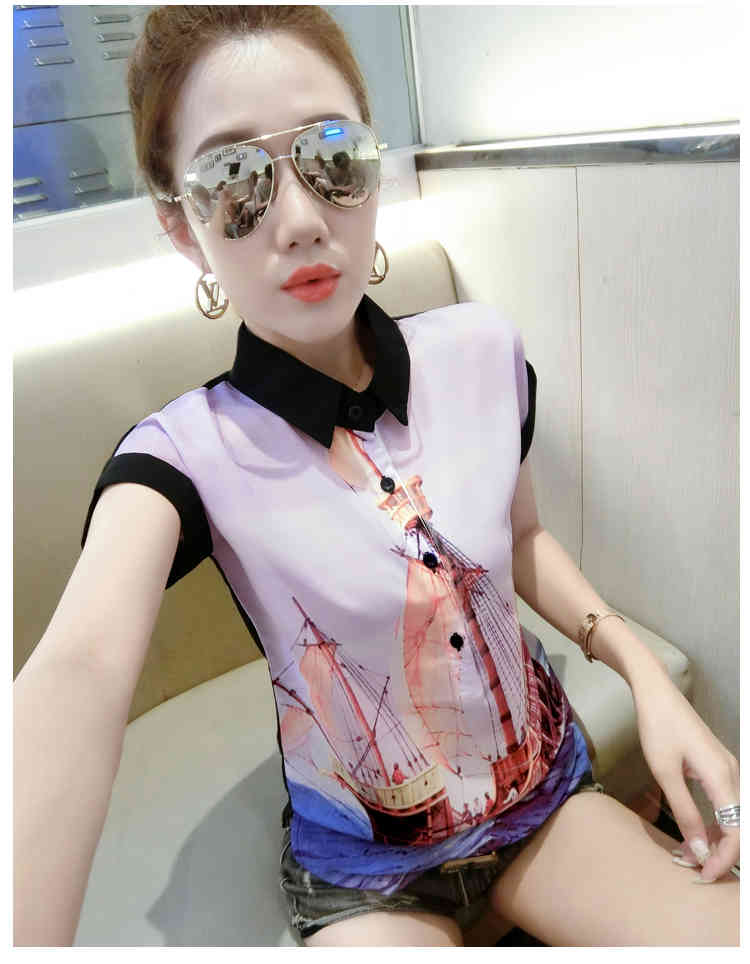 Summer Women's blouses fashion print short sleeve chiffon blouse women shirts turn down collar office ladies tops 4560 50 210508