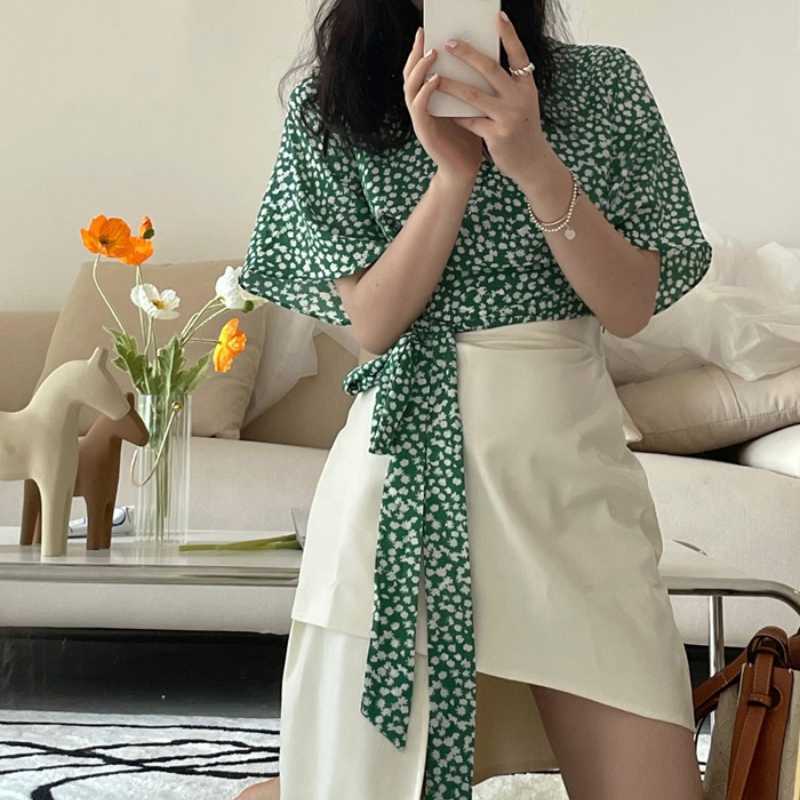 Korean Chic Floral Shirt Elegant C-neck Short Sleeve Woman Blouse Summer Bow Bandage Blusas Mujer De Moda 210603