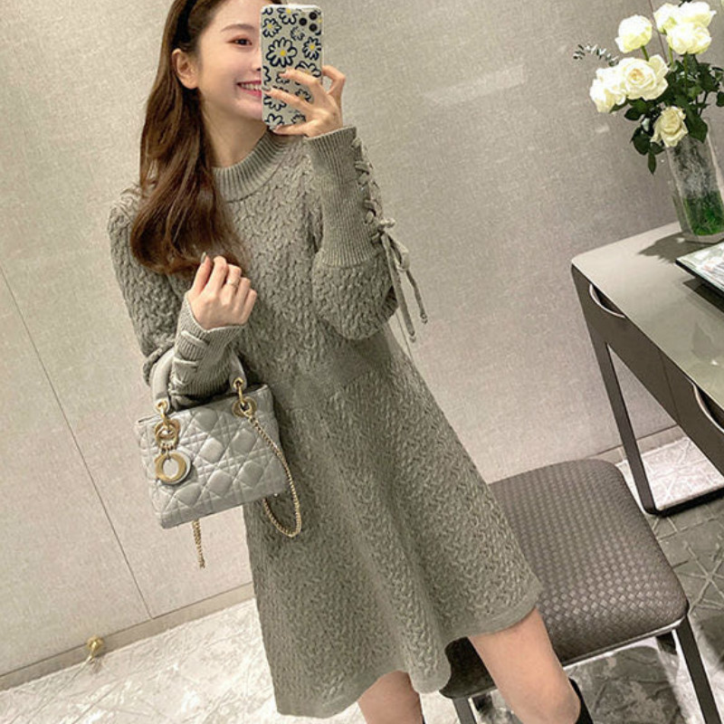 Winter Knit Dress Korean Casual Long Sleeve Elegant Mini Dress Women Lace-up Sweet Office Sweater Dress Spring 210521
