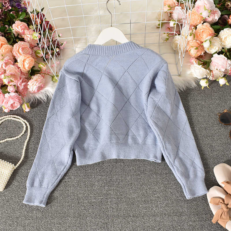 Floral Embroidery Women Sweater Coat Long Sleeve V-neck Hollow-out Knitwear Korean Causal Short Cardigan 4D245 210602