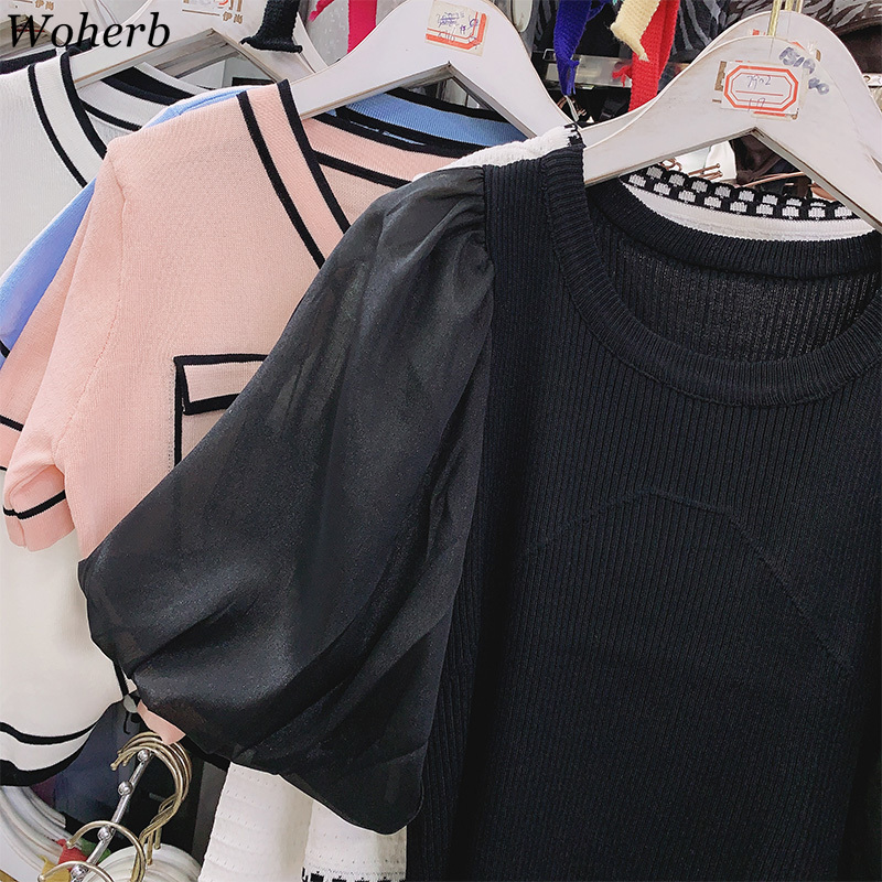 Korean Thin Knitted T-shirt Tops Women Summer Vintage Puff Sleeve Knitwear Fashion Ladies Tshirts Chic 210519
