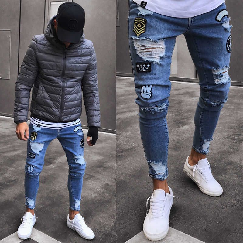 Men's Jeans Men Stylish Ripped Pants Biker Skinny Slim Straight Frayed Denim Trousers New Fashion skinny jeans men Clothes Y2303