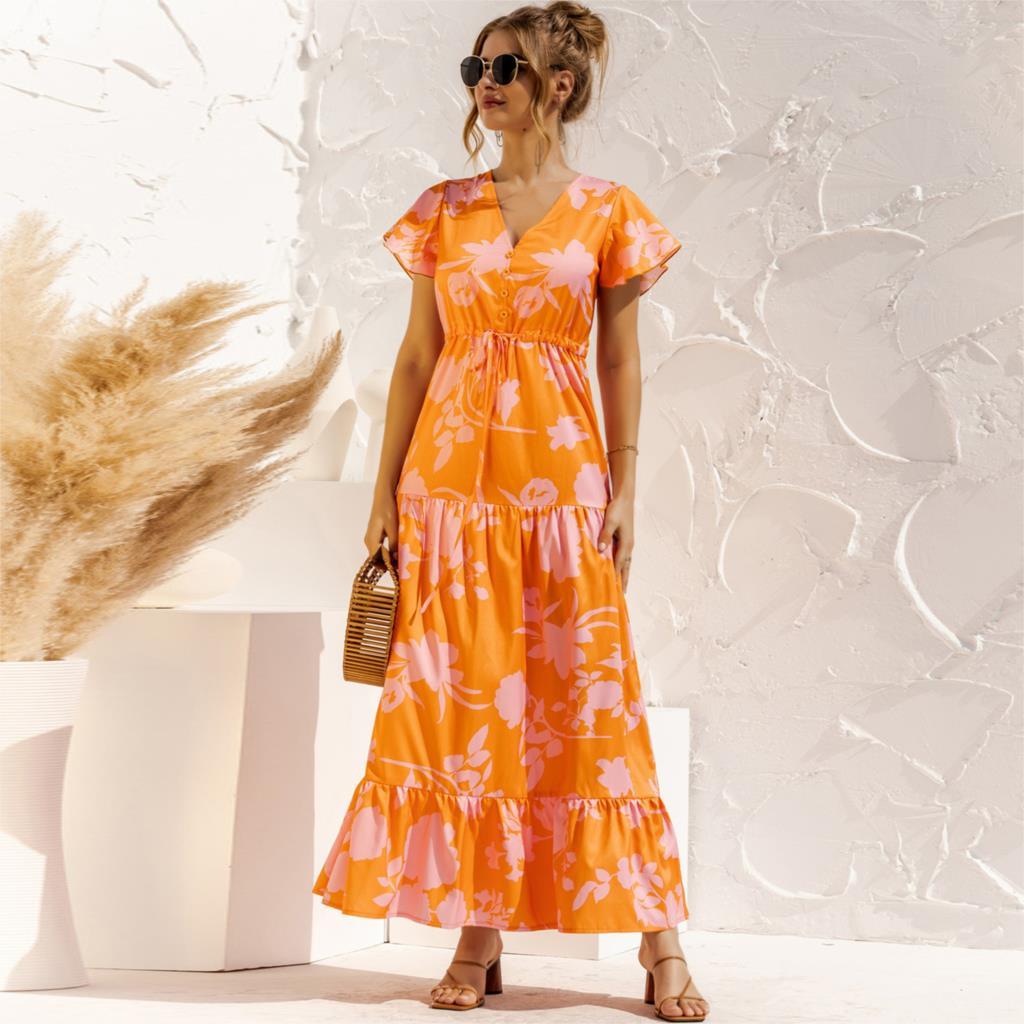 Women Boho Maxi Dress Summer V Neck Floral Print Lace Up Button Long Dresses Fashion Short Sleeve Ruffles Beach Female Robe 210522