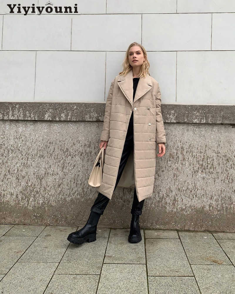 Yiyiyouni Autumn Winter Belted Long Cotton Padded Jackets Women Covered Buttons Casual Outerwear Thick Parkas Female Snow Coat 211007wtt