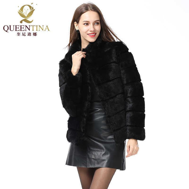 Whole Full Pelt Rabbit Fur Coat Stand Collar Jacket Real Winter Women Fashion Waistcoat Natural 211019