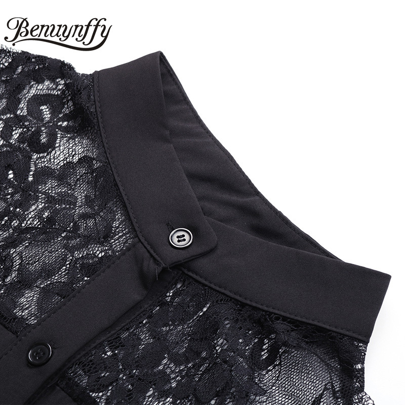 Mock Neck Lace Patchwork Mesh Black Shirt Dress Women Spring Long Sleeve Elegant A-Line Office Ladies Belt Mini 210510
