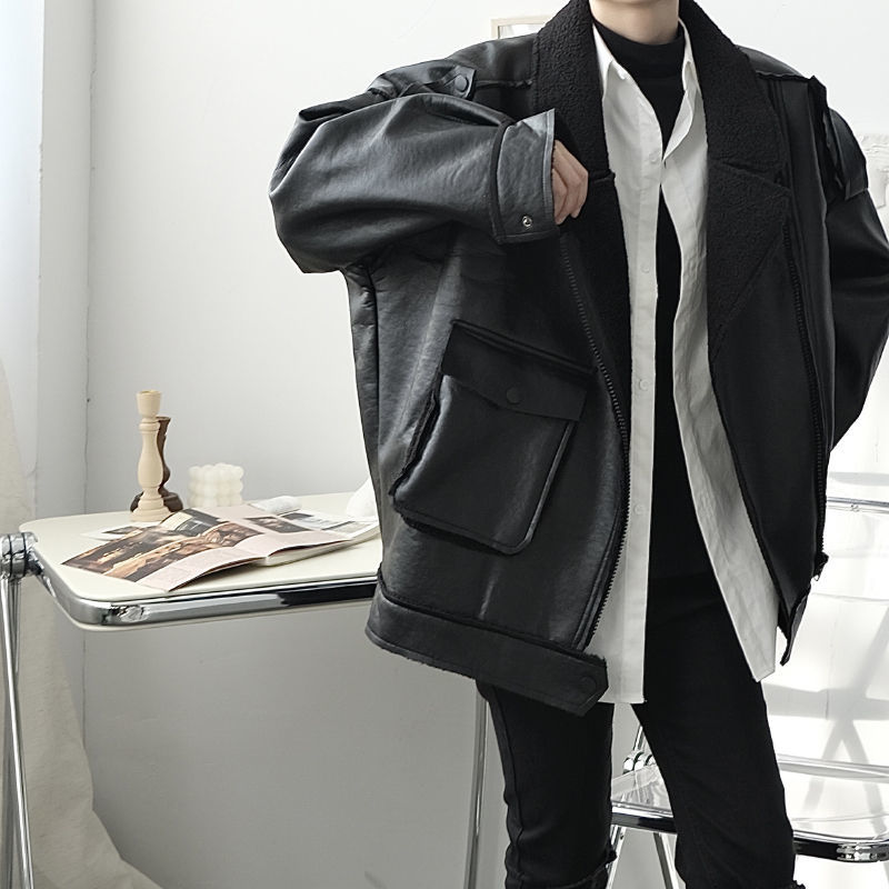 IEFB Autumn winter clothes men's deconstruction asymmetric thickening one piece of fur PU leather jacket large size 9Y4644 210524