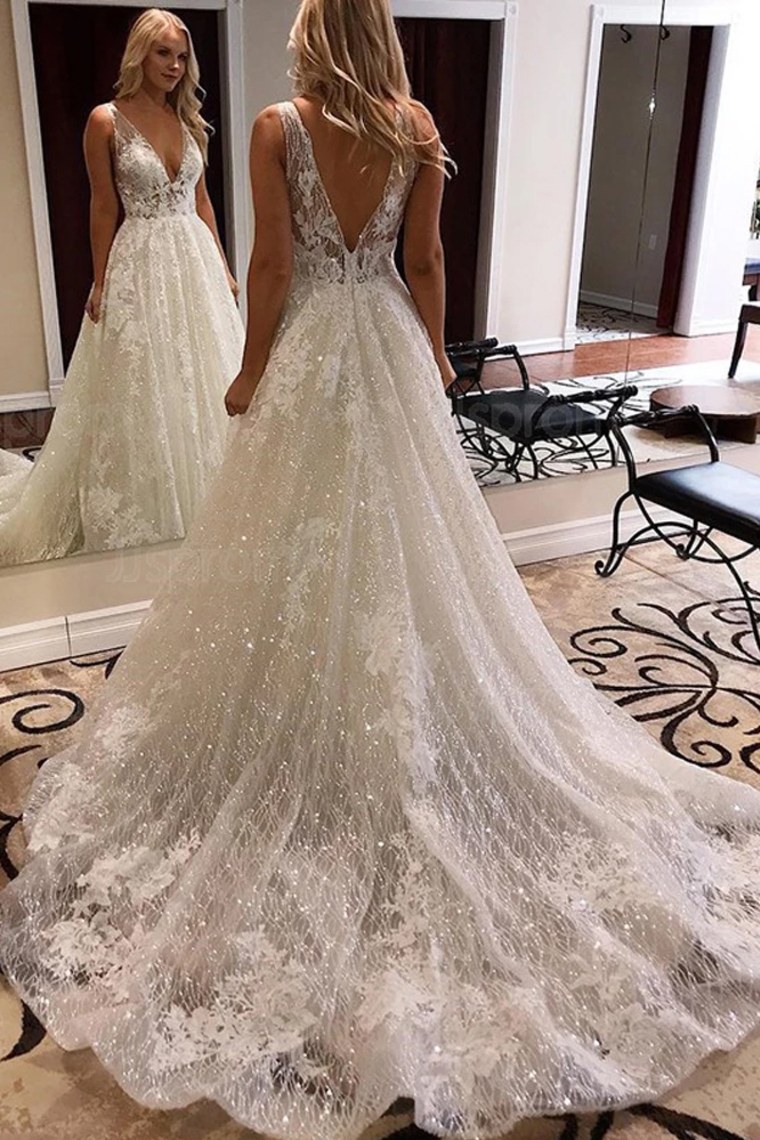 Ivory Lace Glitter Dresses Shiny Tulle Beach Bridal Dress Boho Elegant Wedding Party Gowns Open Back Long Train