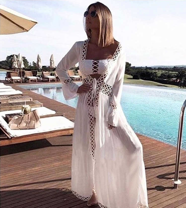 Geometric Round Hollow Out Micro Flared Sleeves Beach Tunic Long Robe Summer Elegant Ladies White Dress Bikini Cover-Ups 210604