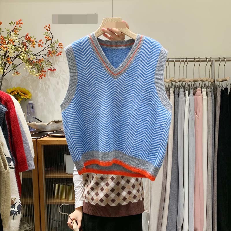 Nomikuma Spring Sleeveless Sweater Vest Korean Hit Color Striped Pullovers Causal V-neck Women Jumper Ropa Mujer 6D956 210427