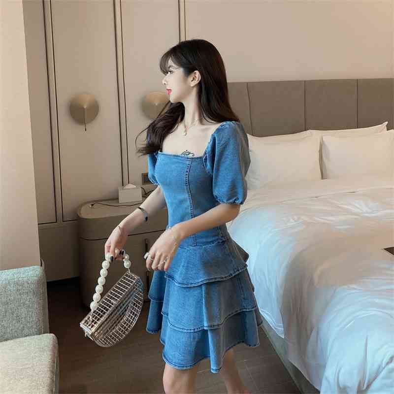 Casual Short Sleeve Sexy Backless Cross Straps Denim Dress For Women Summer Layered Cake Female Fashion Vestidos 210520
