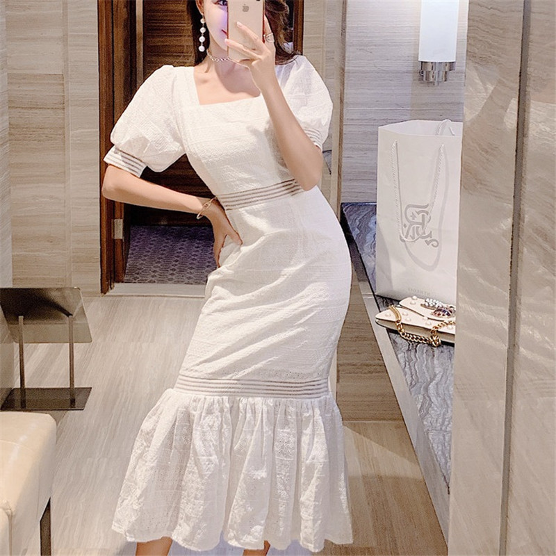 Summer Women's Square Collar Korean Dress Sexy High Waist Hollow Fishtail Dress Bag Hip Women's Fashion Party Dress Vestidos 210515