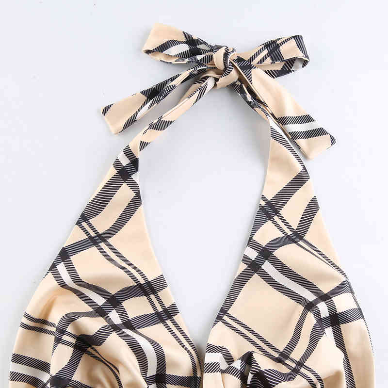 Ins Fashion Streetwear Style Plaid Print Two Piece Sets Women Sexy Backless Sleeveless Crop Top+Mini Skirts Set Female 210514