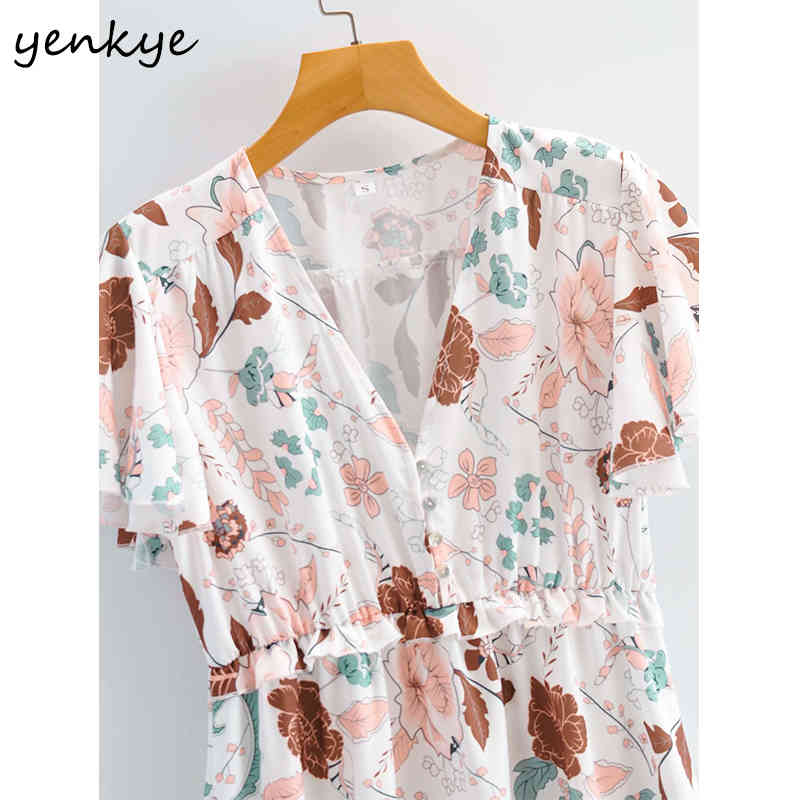 Holiday Casual Dress Women V Neck Short Sleeve Floral Print Elegant Female A-line Midi Summer Prairie Chic Vestido 210430