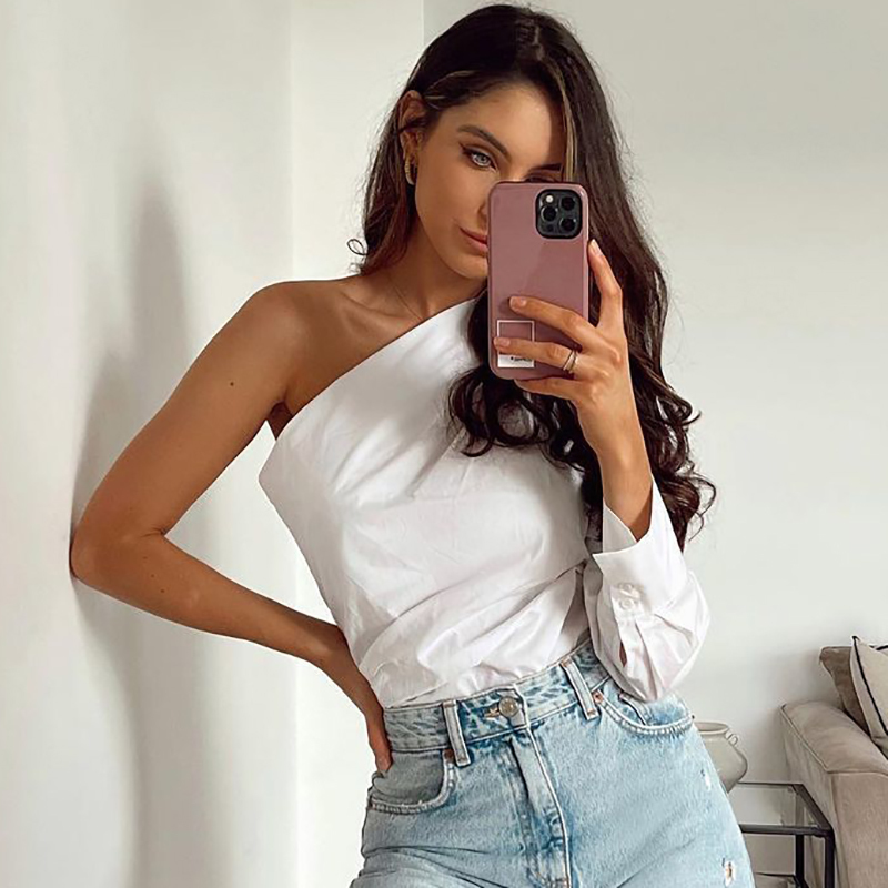 Chic Women One Shoulder Cotton Shirts Summer Fashion Ladies Asymmetric Soft Tops Vintage Female Casual Shirt Stylish 210430
