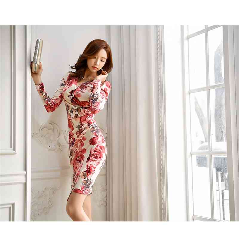 Sexy Print Flower Floral Long Sleeve Spring Dress Women Pencil Ruched Sheath Bodycon Fitted Vestidos 210519
