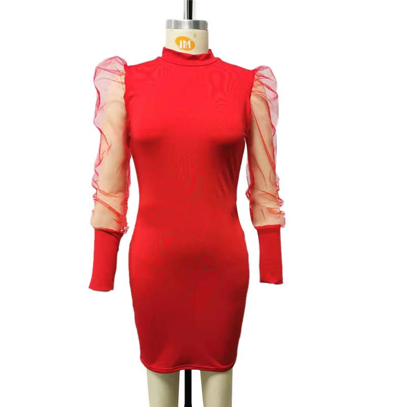 Trendy Women Dress Transparent Long Puff Sleeve Round Neck Bodycon Slim Party Polyester Knitted Sexy MIni Dresses One Pieces Casual
